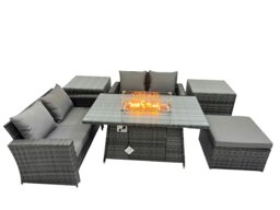 Rackhams Outdoor Love Sofa Set 5 Seat Rattan Garden Furniture Set with Gas Firpit Dining Table Big Footstool 2 Side Table Dark Grey Mixed - thumbnail 1