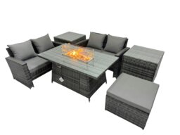 Rackhams Outdoor Love Sofa Set 5 Seat Rattan Garden Furniture Set with Gas Firpit Dining Table Big Footstool 2 Side Table Dark Grey Mixed - thumbnail 2