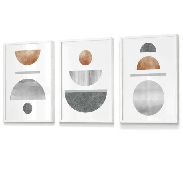 Rackhams Copper and Grey Abstract Mid Century Geometric Set of 3 Framed Wall Art - 30x42cm (A3) - White - image 1