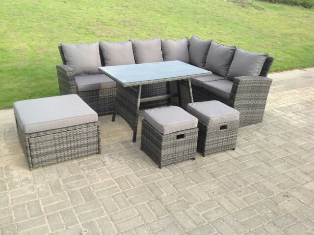 Rackhams 9 Seater High Back Rattan Garden Furniture Set Corner Sofa With Oblong Dining Table Big And Small Stool - image 1