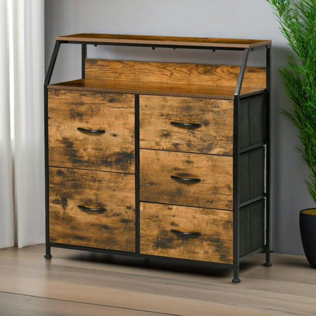 Rackhams Industrial Rustic Brown Chest With 5 Fabric Drawers - image 1