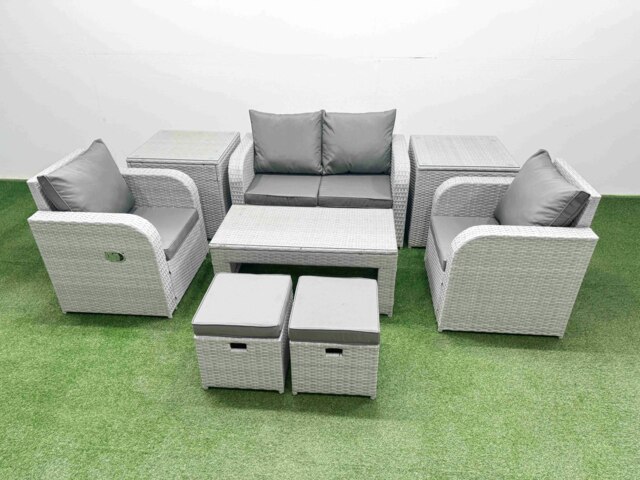Rackhams Light Grey PE Wicker Rattan Garden Furniture Set Sofa Set Reclining Adjustable Chair Oblong Coffee Table 6 Seater 2 Small Stools 2 Side Table - image 1