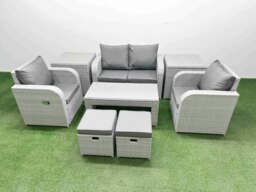Rackhams Light Grey PE Wicker Rattan Garden Furniture Set Sofa Set Reclining Adjustable Chair Oblong Coffee Table 6 Seater 2 Small Stools 2 Side Table - thumbnail 1