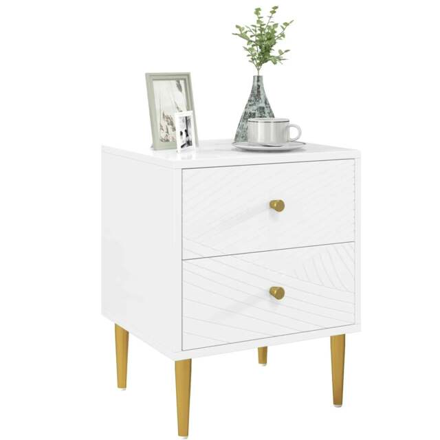 Rackhams Elegant Two-Drawer Bedside Table - White/Gold-Tone