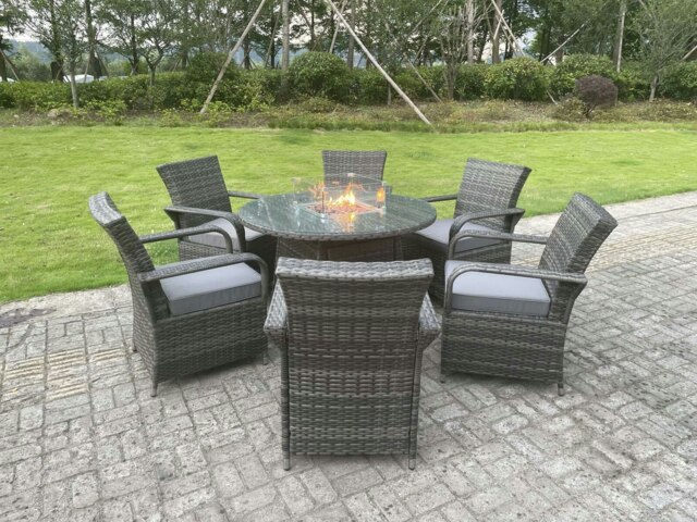 Rackhams Rattan Garden Furniture Gas Fire Pit Round Dining Table Gas Heater And Dining Chairs 6 Seater - image 1