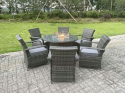 Rackhams Rattan Garden Furniture Gas Fire Pit Round Dining Table Gas Heater And Dining Chairs 6 Seater - thumbnail 1