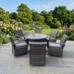 Rackhams 6 Seater Rattan Garden Furniture Set with Round Gas Fire Pit Dining Table & 6 Dining Chairs - Dark Grey