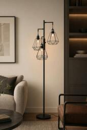 Rackhams Modern Industrial Black 3-Head Floor Lamp with Diamond Cage Shade - Black - One Size - thumbnail 2