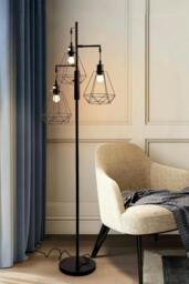 Rackhams Modern Industrial Black 3-Head Floor Lamp with Diamond Cage Shade - Black - One Size - thumbnail 3
