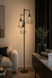 Rackhams Modern Industrial Black 3-Head Floor Lamp with Diamond Cage Shade - Black - One Size - thumbnail 1