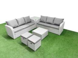 Rackhams Outdoor Garden Furniture Set 8 Seater Rattan Furniture Sofa Set with Square Coffee Table high Back Lounge Sofa Stools Side Table Light Grey - thumbnail 1