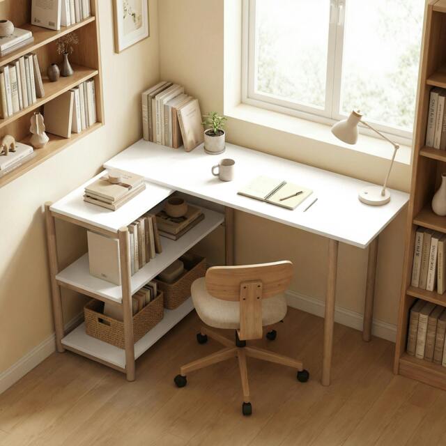 Rackhams Computer Desk with Storage Shelves 150 cm White/Oak - 40 - MDF, bamboo - 148 - image 1
