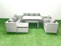 Rackhams Rattan Garden Furniture Set Outdoor 8 Seater Patio Dinin g Sofa Sets with Dining Table 2 Chairs Big Footstool Light Grey Mixed - thumbnail 1