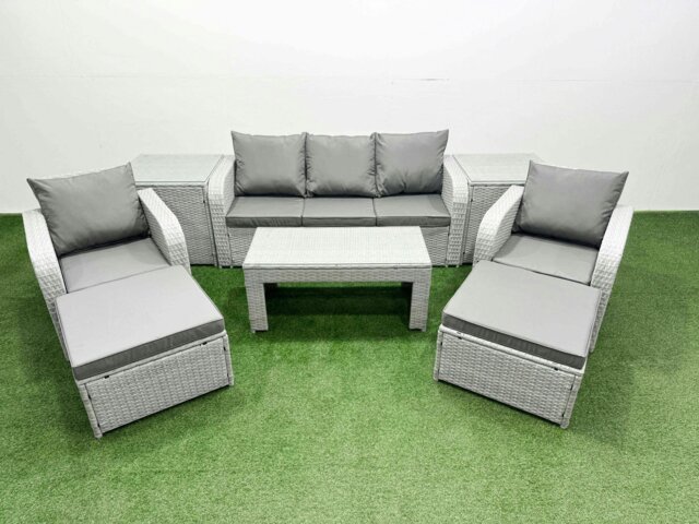 Rackhams PE Rattan Garden Furniture Set Reclining Chair Sofa Lounge Sofa Set Rectangular Coffee Table 2 Side Table 2 Big Footstool Light Grey - image 1