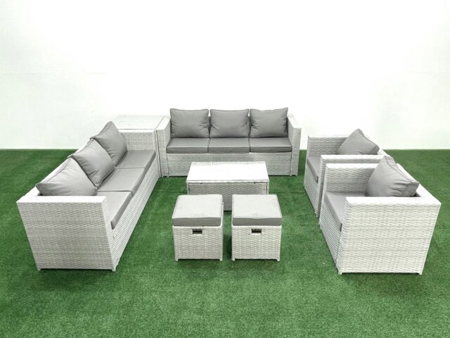 Rackhams Outdoor Rattan Sofa Garden Furniture Set with 2 Armchairs Oblong Coffee Table 2 Small Footstools Side Table Light Grey Mixed - image 1