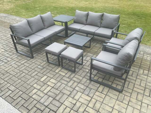 Rackhams Aluminium Patio Outdoor Garden Furniture Lounge Sofa Set with Square Coffee Table 2 Chairs Side Table 2 Small Footstool Dark Grey - image 1