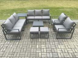 Rackhams Aluminium Patio Outdoor Garden Furniture Lounge Sofa Set with Square Coffee Table 2 Chairs Side Table 2 Small Footstool Dark Grey - thumbnail 2