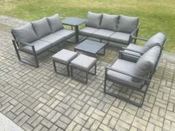 Rackhams Aluminium Patio Outdoor Garden Furniture Lounge Sofa Set with Square Coffee Table 2 Chairs Side Table 2 Small Footstool Dark Grey - thumbnail 1