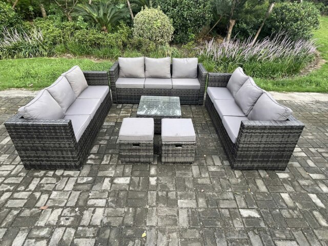 Rackhams Outdoor Rattan Garden Furniture Set 11 Seater Patio Lounge Sofa Set with Square Coffee Table 2 Small Footstool Dark Grey Mixed - image 1
