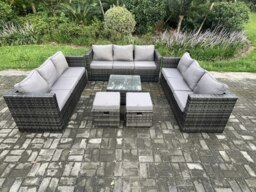 Rackhams Outdoor Rattan Garden Furniture Set 11 Seater Patio Lounge Sofa Set with Square Coffee Table 2 Small Footstool Dark Grey Mixed - thumbnail 1