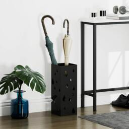 Rackhams Metal Umbrella Stand, Square Umbrella Basket with 4 Hooks Drip Tray Black - Black