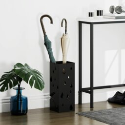 Rackhams Metal Umbrella Stand, Square Umbrella Basket with 4 Hooks Drip Tray Black - Black - thumbnail 1