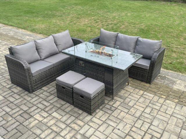 Rackhams Rattan Garden Furniture Set with Fire Pit Table 8 Seater Outdoor Lounge Sofa Set Dark Grey Mixed - image 1