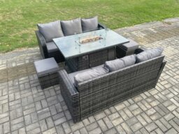 Rackhams Rattan Garden Furniture Set with Fire Pit Table 8 Seater Outdoor Lounge Sofa Set Dark Grey Mixed - thumbnail 2