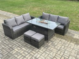 Rackhams Rattan Garden Furniture Set with Fire Pit Table 8 Seater Outdoor Lounge Sofa Set Dark Grey Mixed - thumbnail 1