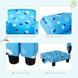 Rackhams Cute Cloud Star Child Armchair Seat Wood Frame w/ Footrest Padding Blue - thumbnail 4