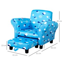 Rackhams Cute Cloud Star Child Armchair Seat Wood Frame w/ Footrest Padding Blue - thumbnail 3