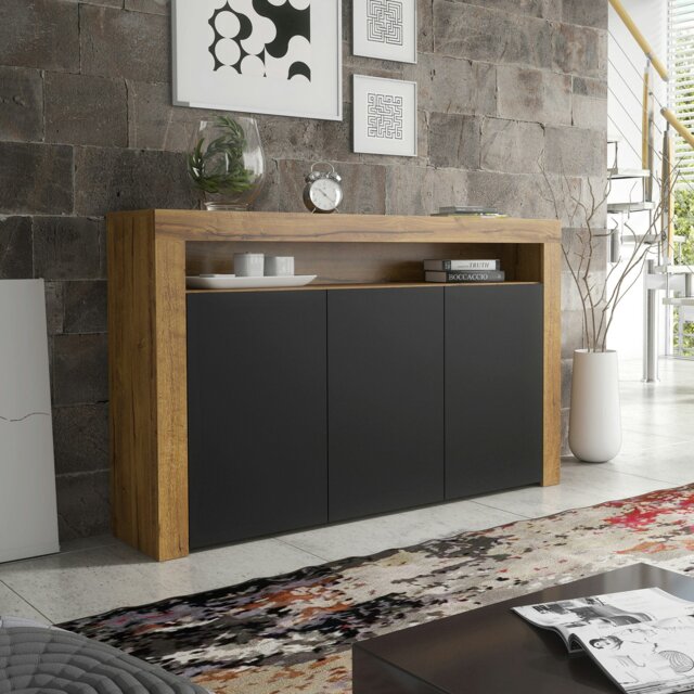 Rackhams Modern Sideboard 155cm – Oak Matt Body with Black Matt Doors - 155 cm -  MDF/Chipboard - 1 - image 1