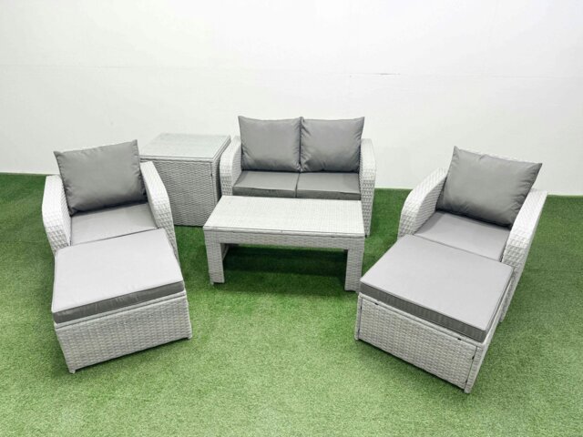 Rackhams Light Grey PE Wicker Rattan Garden Furniture Set Sofa Set Reclining Adjustable Chair Oblong Coffee Table 6 Seater 2 Big Stools Side Table - image 1