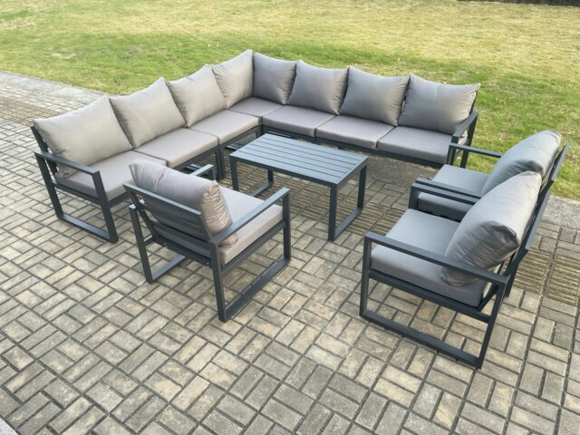 Rackhams Aluminium Patio Outdoor Garden Furniture Lounge Corner Sofa Set with Oblong Coffee Table 3 Chairs Dark Grey