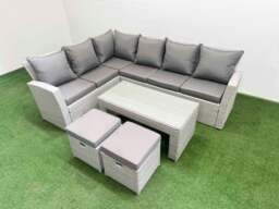 Rackhams Rattan Garden Furniture Set Outdoor 8 Seater Corner Sofa Sets with Oblong Coffee Table 2 Small Footstools Light Grey Mixed - thumbnail 1