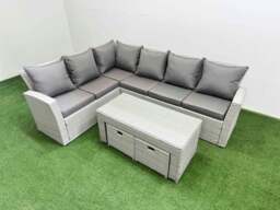 Rackhams Rattan Garden Furniture Set Outdoor 8 Seater Corner Sofa Sets with Oblong Coffee Table 2 Small Footstools Light Grey Mixed - thumbnail 2
