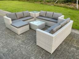 Rackhams Light Grey Lounge Outdoor PE Rattan Garden Furniture Set Wicker Sofa Set Square Coffee Table Side Table Footstool - thumbnail 1