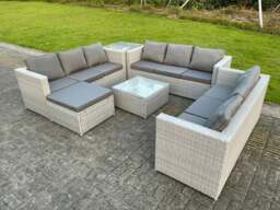 Rackhams Light Grey Lounge Outdoor PE Rattan Garden Furniture Set Wicker Sofa Set Square Coffee Table Side Table Footstool - thumbnail 2