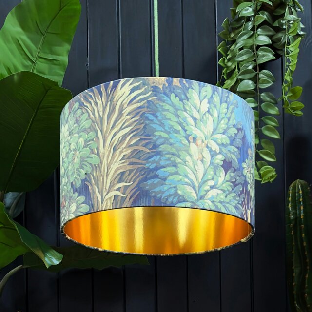 "Rackhams Emerald Enchanted Wood Velvet Lampshade With Gold Lining - Ceiling Pendant / Arc Lamp - 40cm Diameter x 25cm Height (16"" x 10"")" - image 1