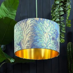 "Rackhams Emerald Enchanted Wood Velvet Lampshade With Gold Lining - Ceiling Pendant / Arc Lamp - 40cm Diameter x 25cm Height (16"" x 10"")" - thumbnail 1