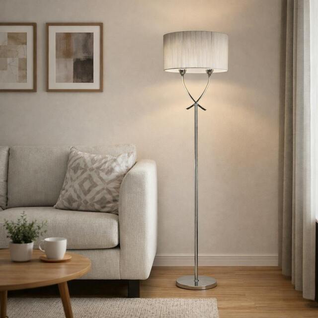 Rackhams Justina 2 Light Polished Chrome Floor Lamp with Silver Thread Shade - image 1