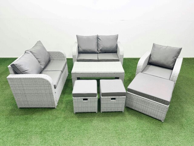 Rackhams High Back Poly Rattan Garden Furniture Set with Reclining Chair Loveseat Sofa Oblong Coffee Table Indoor Outdoor Patio Set 3 Stools Light Grey - image 1