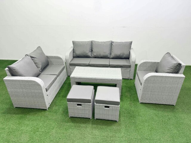 Rackhams 8 Seater Rattan Outdoor Sofa Set - Light Grey PE Wicker with Oblong Coffee Table, Reclining Chair, Loveseat & 3-Seater Sofa - image 1