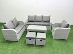 Rackhams 8 Seater Rattan Outdoor Sofa Set - Light Grey PE Wicker with Oblong Coffee Table, Reclining Chair, Loveseat & 3-Seater Sofa - thumbnail 1