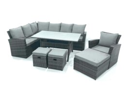 Rackhams Outdoor Furniture Garden Dining Set Rattan Corner Sofa Set with 3 Footstools Armchair Dark Grey Mixed - thumbnail 1