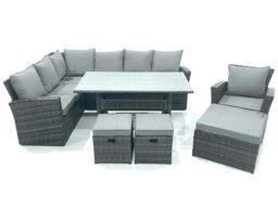Rackhams Outdoor Furniture Garden Dining Set Rattan Corner Sofa Set with 3 Footstools Armchair Dark Grey Mixed - thumbnail 2