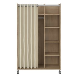Rackhams Uppsala Open Mobile Wardrobe Unit in Jackson Hickory Oak with a Beige Textile Curtain on Wheels - Brown - Malemine - 1 - thumbnail 2