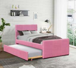 Rackhams 3ft Single Fabric Bed Frame With Trundle Bed in Grey Pink Brown Or Denim - Pink - thumbnail 1
