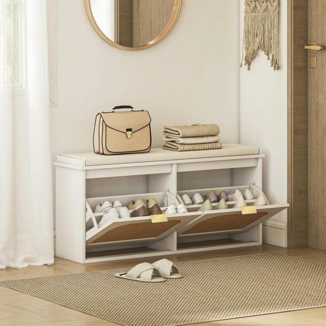 Rackhams Boho Shoe Bench with Padded Seat and 2 Flip-Drawers, Light Green - White, Beige - image 1