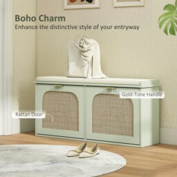 Rackhams Boho Shoe Bench with Padded Seat and 2 Flip-Drawers, Light Green - White, Beige - thumbnail 4